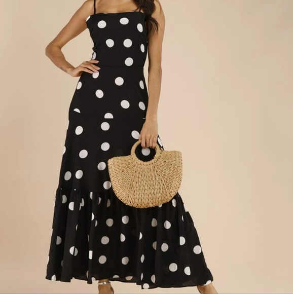 Dresses & Skirts - Black & White Polka Dot Ruffle Hem Cami Maxi Dress Small